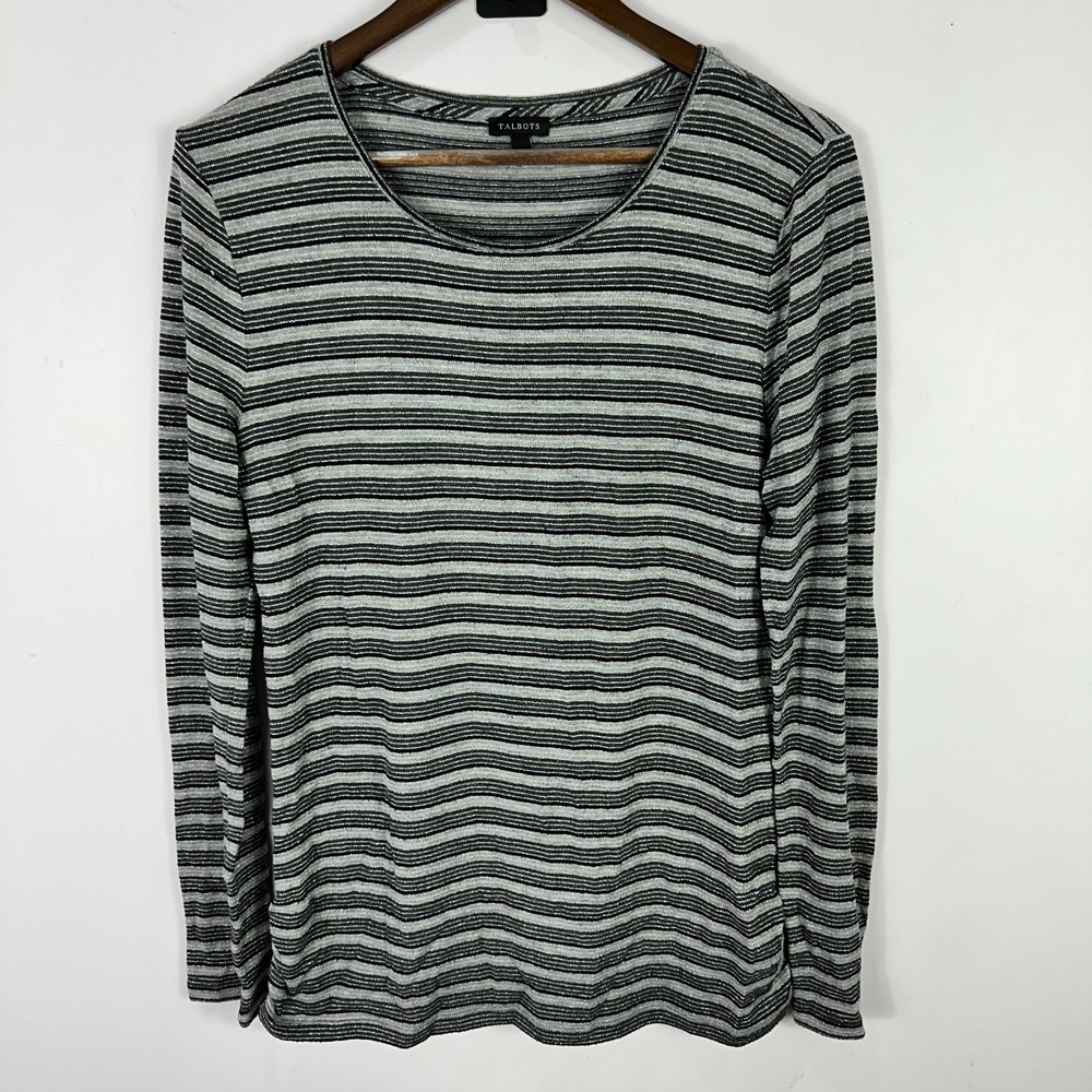 Talbots Top Womens‎ M Black Gray Metallic Stripe Long Sleeve Classic Office Chic